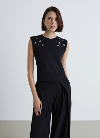Top girocollo con applicazioni strass