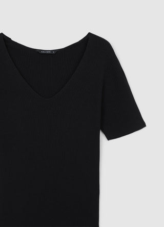 T-Shirt mit V-Ausschnitt und Rippstrick