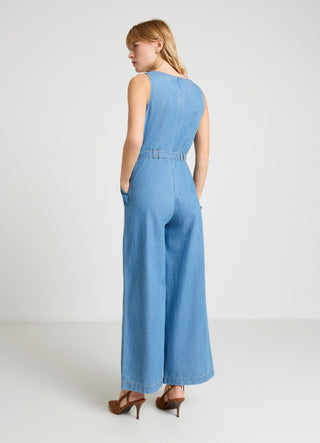 Long denim jumpsuit with sash belt