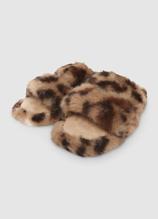 Slippers with crossed animal print faux fur strap
