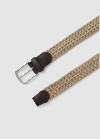 Braided tape belt with buckle and leather details