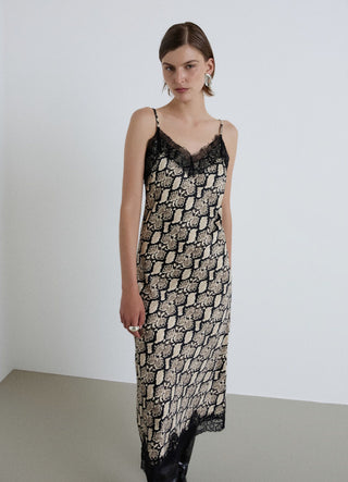 Abito sottoveste con pizzo e stampa animalier