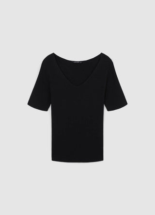 T-Shirt mit V-Ausschnitt und Rippstrick