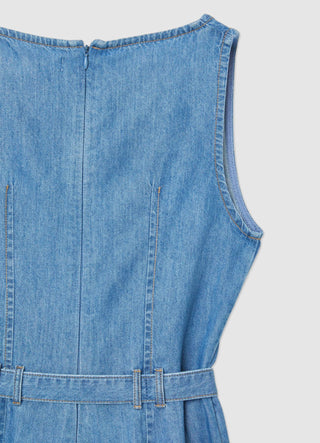Long denim jumpsuit with sash belt