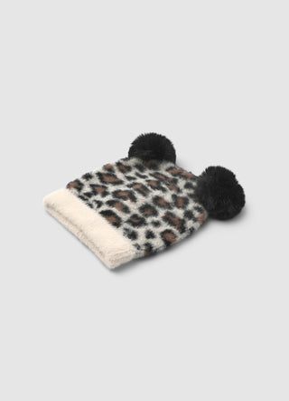 Berretto con stampa animalier e pompon