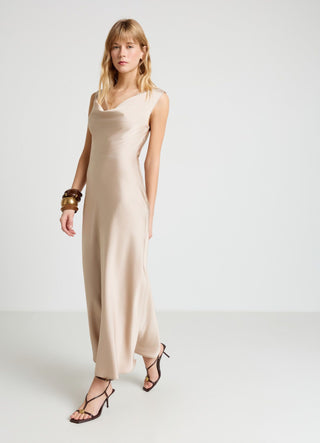 Long draped dress in faux satin