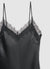 Asymmetric faux satin top with lace trims