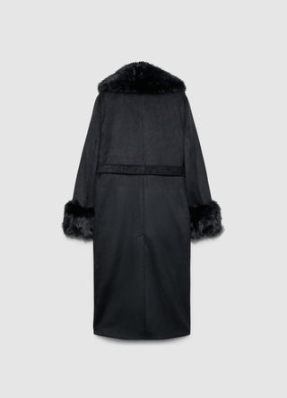 Cappotto lungo con cintura e collo effetto pelo