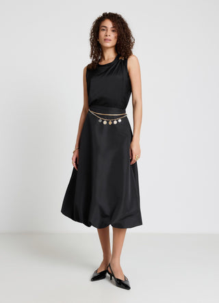 Asymmetric faux satin top with buckle