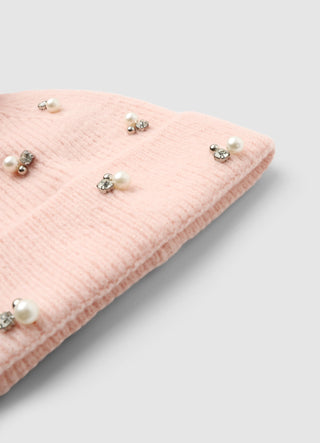 Ribbed beanie with pom-pom and pearl embellishments
