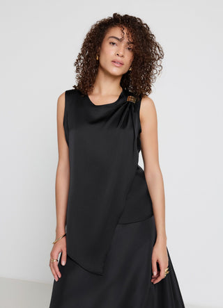 Asymmetric faux satin top with buckle