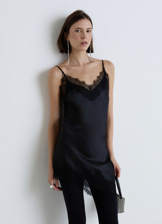 Top asimmetrico similsatin con profili in pizzo