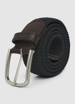 Braided tape belt with buckle and leather details