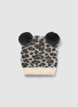 Berretto con stampa animalier e pompon