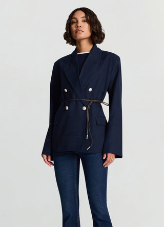 Double-breasted jacket with thin leather-effect strap