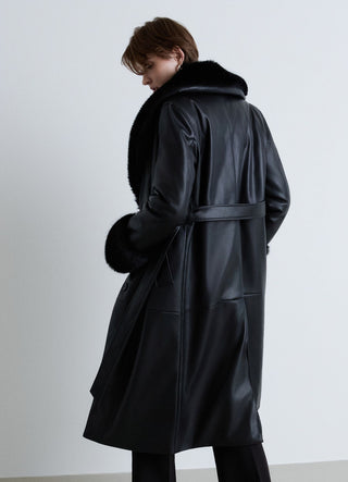 Trench lungo con cintura e collo in pelo sintetico