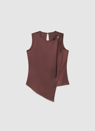 Asymmetric faux satin top with buckle