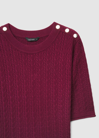 T-shirt in maglia a trecce con bottoni sulle spalle