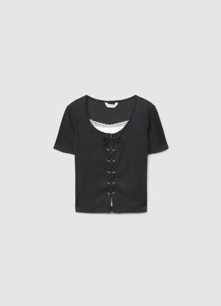 T-shirt with front tie and lace insert
