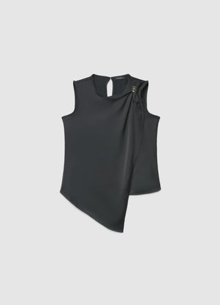 Asymmetric faux satin top with buckle