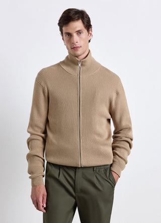 Ribbed cardigan with zip and high collar