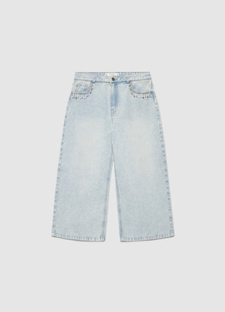 Jeans crop wide leg con catene di strass