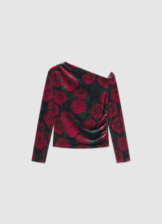 T-shirt aderente monospalla con stampa rose