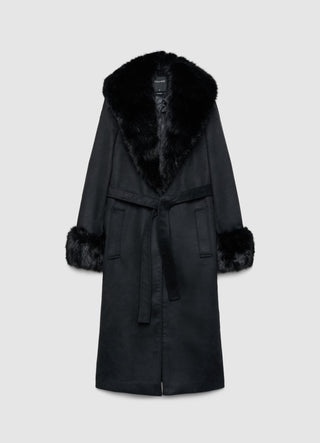 Cappotto lungo con cintura e collo effetto pelo